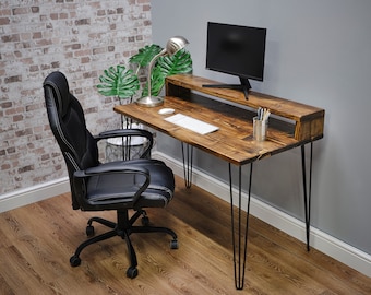 Westerton Wooden desk and monitor stand - Rustic reclaimed wood desk with a modern look, Industrial desk