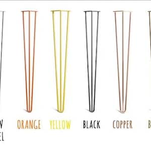 May include: Ten different colors of hairpin table legs. The colors are red, white, raw steel, orange, yellow, black, copper, brass, pastel green, and clear coat.