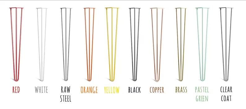 May include: Ten different colors of hairpin table legs. The colors are red, white, raw steel, orange, yellow, black, copper, brass, pastel green, and clear coat.