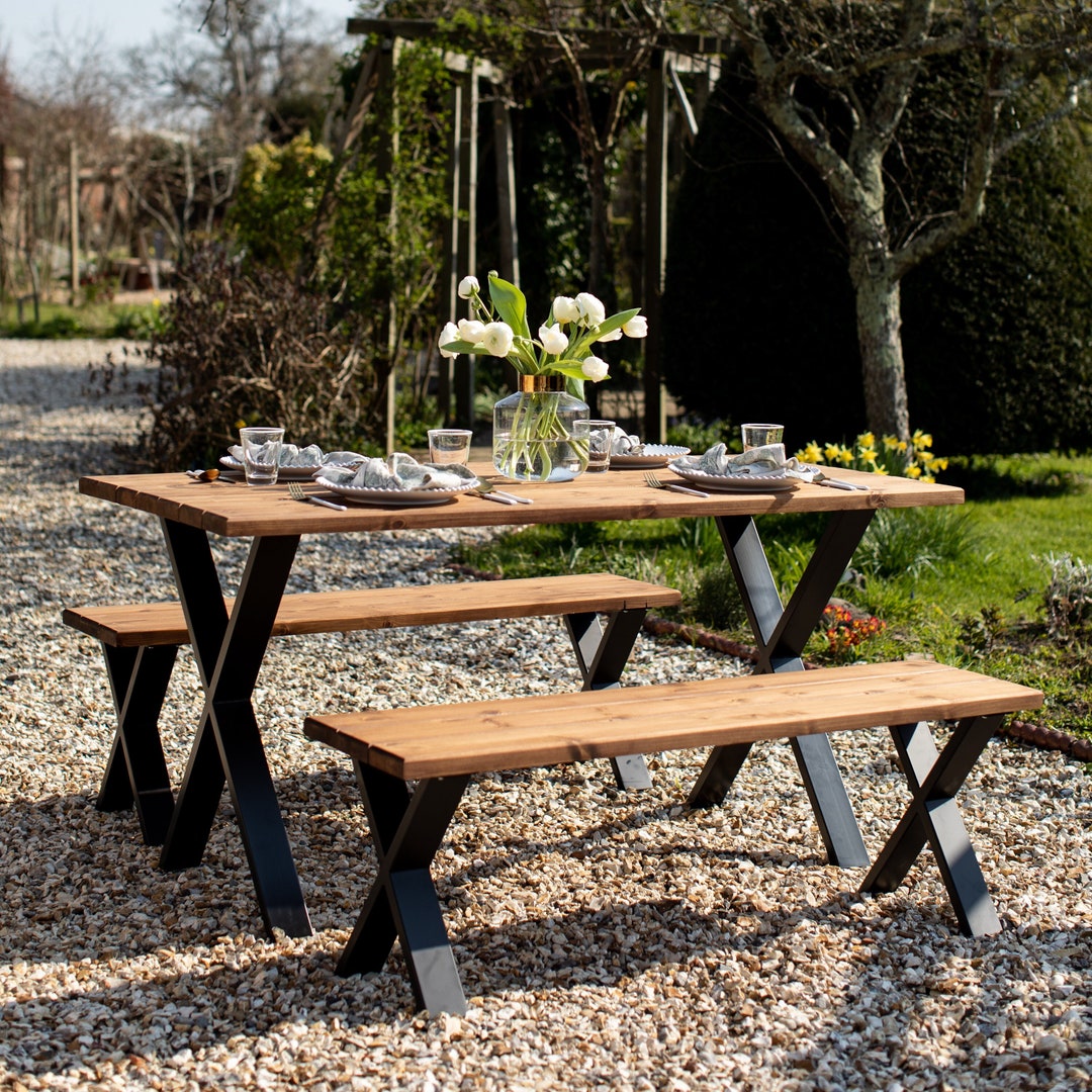 Solid Wood Outdoor Dining Table and Benches Garden Furniture - Etsy UK