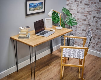 Rowlands Industrial Desk - Minimal Wooden desk with hairpin legs, Work from home rustic desk/Office furniture -Without monitor shelf