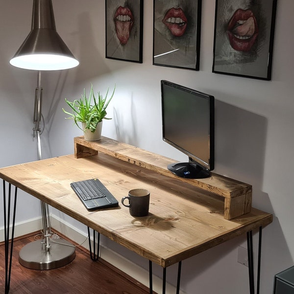 Rowlands Industrial Desk - Minimal Wooden desk with hairpin legs, Work from home rustic desk/Office furniture - With monitor shelf