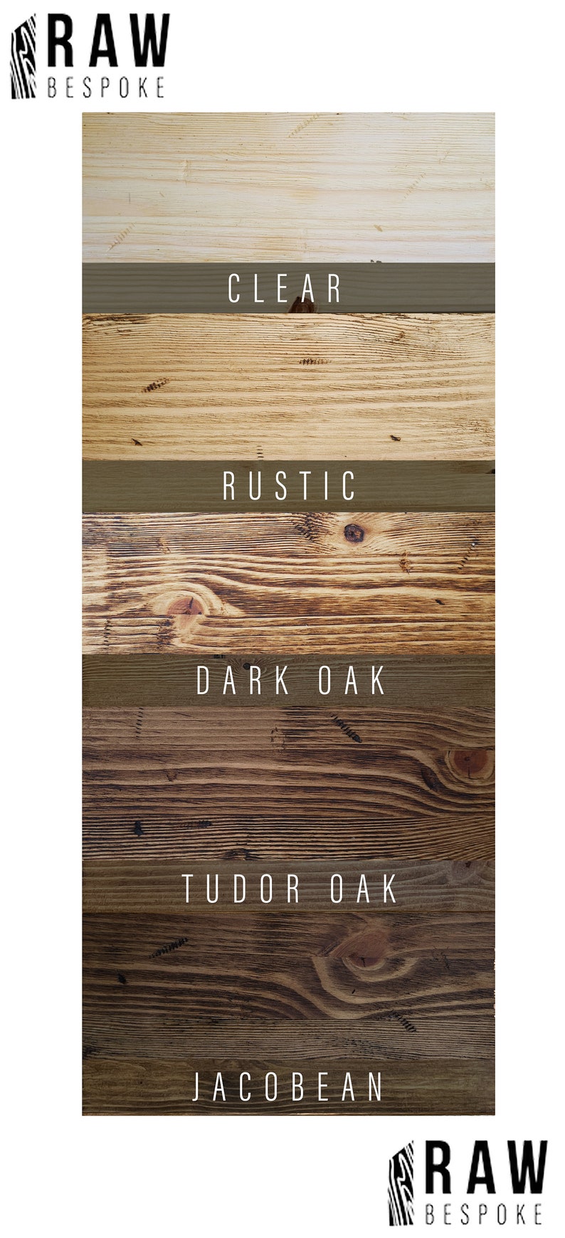 May include: Five wood samples showing different wood stain colors. The colors are Clear, Rustic, Dark Oak, Tudor Oak, and Jacobean. The samples are arranged vertically with the lightest color at the top and the darkest color at the bottom. The samples are labeled with the color name in white text.