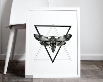 Witchy Prints, black and white print, gothic wall art, skull moth, death head moth print, deaths head hawk moth print, Dark Cottagecore Art