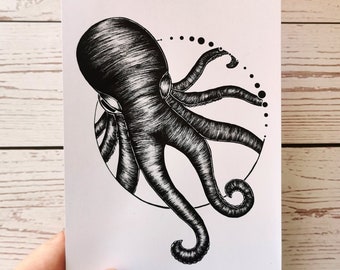 Octopus art print, gothic print, Sea Life art print, Nautical Home decor, Octopus Wall Art, Marine Print, Bathroom Wall art, gothic wall art