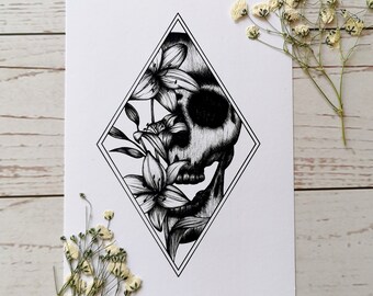 Skull and Lily prints, flower wall art, Skull art print, set of gothic prints, skull artwork, skull wall art, gothic wall art, lily wall art