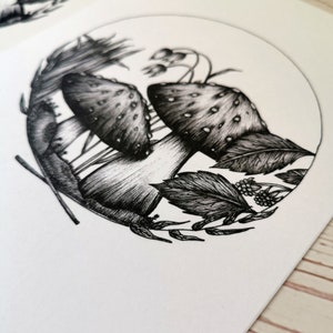 May include: Black and white ink drawing of two mushrooms with white stems and spotted caps surrounded by leaves and berries in a circle.