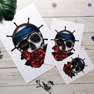 Skull art print, steampunk skull pen drawing, Pirate art print, Nautical Home decor, Pirate Wall Art, Skull wall art, Pirate skull art