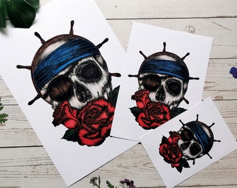 Skull art print, steampunk skull pen drawing, Pirate art print, Nautical Home decor, Pirate Wall Art, Skull wall art, Pirate skull art