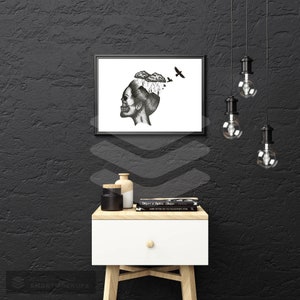 May include: Black and white illustration of a skull with clouds and rain pouring from the top of the head. The skull is looking to the left. The illustration is framed and hanging on a black wall above a white nightstand with a book and two decorative bottles.
