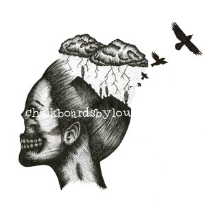 May include: Black and white pen and ink drawing of a skull with a storm cloud and lightning bolts above it. The text "chalkboardsbylou" is visible in the lower left corner of the image.