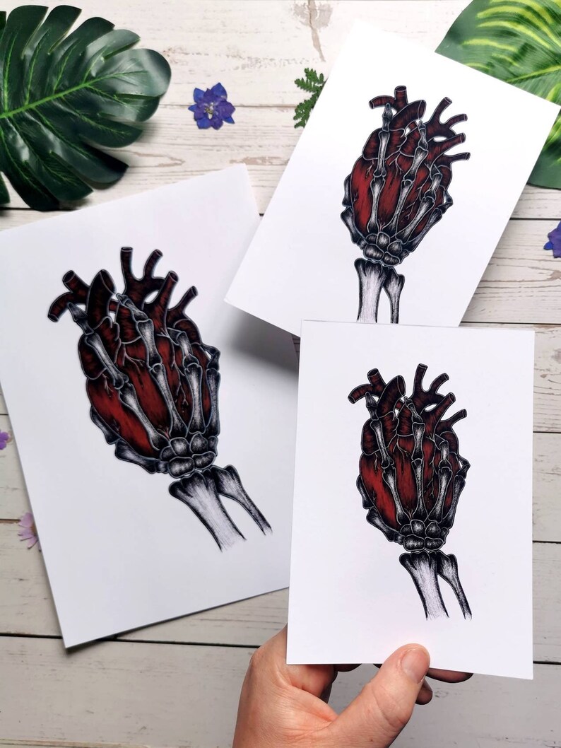 K&ouml;nnte beinhalten: Eine skelettartige Hand h&auml;lt ein rotes anatomisches Herz. Das Herz ist detailliert mit Venen und Arterien. Die Hand ist in einem realistischen Stil mit sichtbaren Knochen und Sehnen gezeichnet.