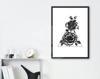 May include: Black and white line drawing of two roses inside a triangle. The roses are drawn with intricate detail and the triangle is outlined in black.