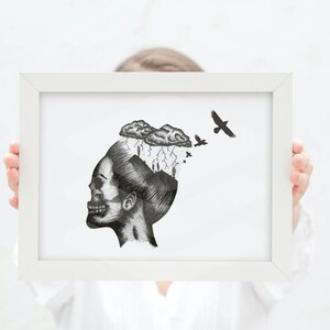 May include: A black and white illustration of a woman's head with clouds and lightning bolts coming out of it. There are three black birds flying away from the head.