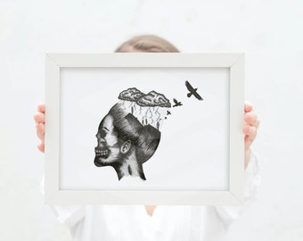 Könnte beinhalten: Eine Schwarzweißillustration eines Frauenkopfes, aus dem Wolken und Blitze kommen. Drei schwarze Vögel fliegen vom Kopf weg.