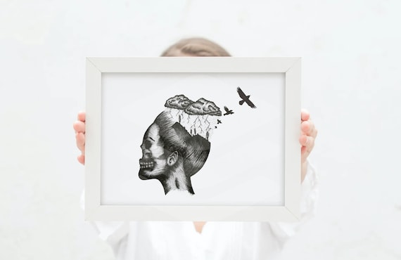 Surrealism art print, gothic wall art, macabre art print, mental health print, depression wall art, mental health art, horror art print