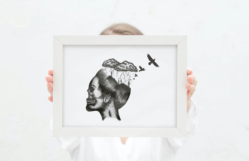 May include: A black and white illustration of a woman's head with clouds and lightning bolts coming out of it. There are three black birds flying away from the head.