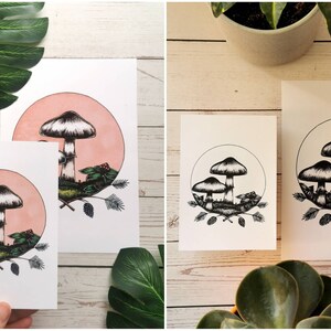 May include: Two black and white illustrations of mushrooms with a pink and white background. The illustrations are printed on white card stock.