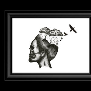 May include: Black and white illustration of a skull with a woman's hair and a storm cloud above it. Birds fly away from the storm.