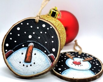 2 Snowman wooden decoration, Christmas decor, Snowmen Christmas ornaments, rustic Christmas snowman, snowman ornaments hand painted