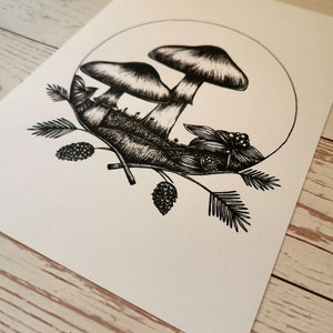 May include: Black and white ink drawing of two mushrooms with a pine branch and pine cones. The mushrooms are in a circle with a white background.