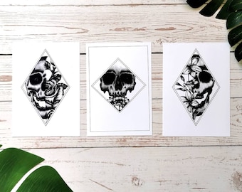 Set of 3 gothic skull print, macabre wall art, Skull art print, set of gothic prints, skull artwork, horror art print, gothic skull wall art