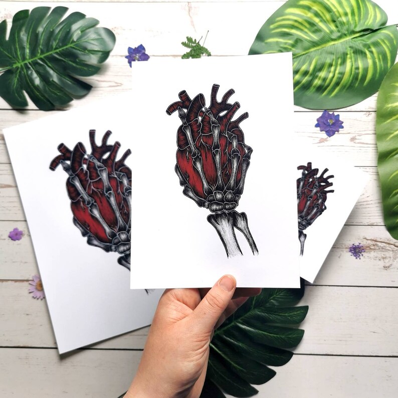 K&ouml;nnte beinhalten: Ein Druck einer skelettartigen Hand, die ein rotes anatomisches Herz h&auml;lt. Das Herz ist detailliert mit Venen und Arterien. Die Hand ist stilisiert mit Knochen und Sehnen.