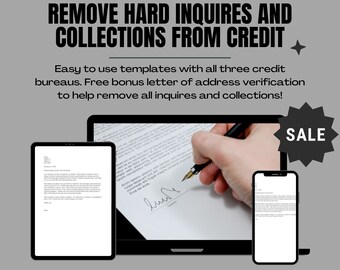 May include: A digital marketing ad for a product that helps remove hard inquiries and collections from credit reports. The ad features a laptop, tablet, and smartphone displaying letters with the text "REMOVE HARD INQUIRES AND COLLECTIONS FROM CREDIT". The ad also includes the text "Easy to use templates with all three credit bureaus. Free bonus letter of address verification to help remove all inquires and collections!" and "REMOVE INQUIRES, COLLECTIONS, AND OLD ADDRESS BUNDLE PACK. 5+ LETTERS".
