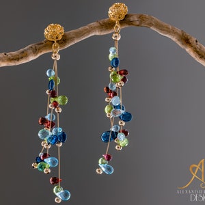 Rainbow colour semi precious gemstone earrings genuine real red garnet, blue topaz, green peridot, teal kyanite on gold vermeil flower stud