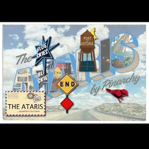 May include: A vintage-style postcard design featuring the text "The Ataris" and "Blue Skies." The image includes a water tower, road signs, and a red bird. The postcard has a road leading into the distance, with a cloudy sky background.