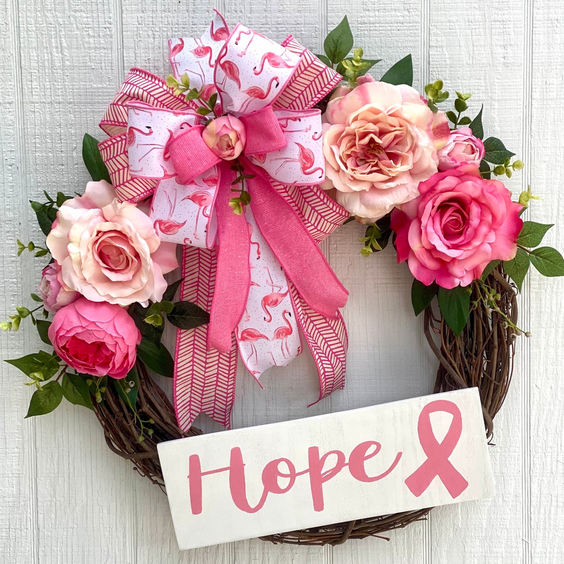 Pink Floral Breast Cancer Awareness Wreath with Roses Peonies Etsy