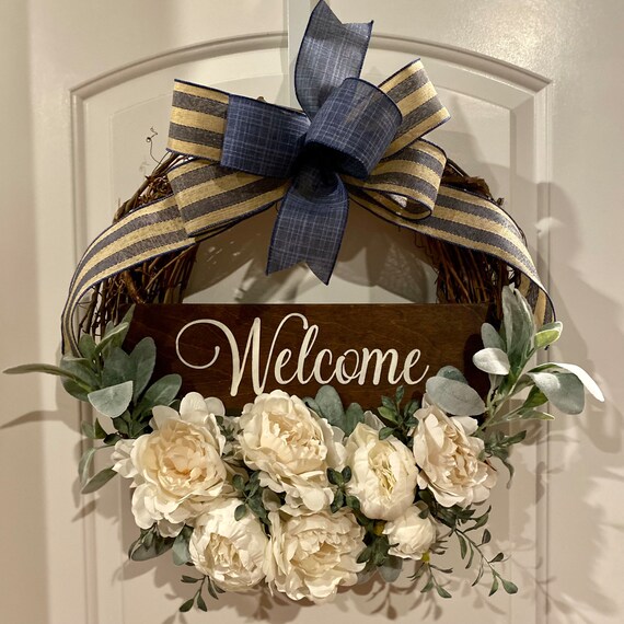Classic Farmhouse Welcome Wreath for Front Door Featuring - Etsy