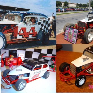 May include: A white and black model car with red accents. The car has a black roof and a white body with the number "44" in red on the side. The car is labelled "The Cozze Coach" and "built by Terry Ziegler".