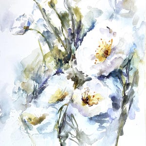 White Camellia, loose watercolor painting, Flower Wall Decor,