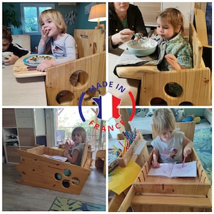 Montessori tower scalable and convertible into a high chair and desk