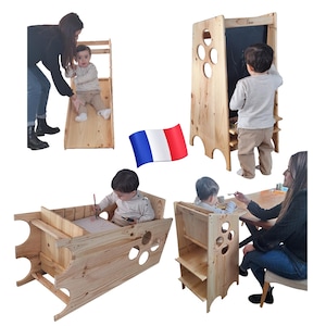 Peut inclure: Un ensemble de meubles en bois pour enfants, comprenant un toboggan, un chevalet avec tableau noir, une chaise haute et une tour d'apprentissage. Les meubles sont en bois naturel et ont un design simple et moderne.