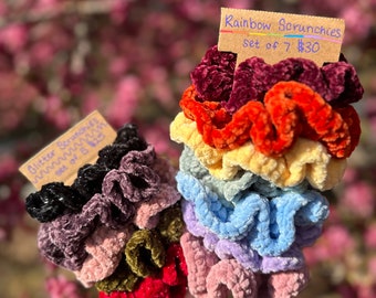 Crochet Scrunchies Large Sets: Rainbow Scrunchie Set and Glitter Scrunchie Set