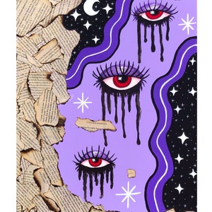 May include: Purple and black abstract painting with three large eyes with red pupils and black eyelashes. The eyes are crying black tears. The background is a purple and black wavy pattern with white stars. The text "STEALING SHADOWS" is written in white on a piece of paper.