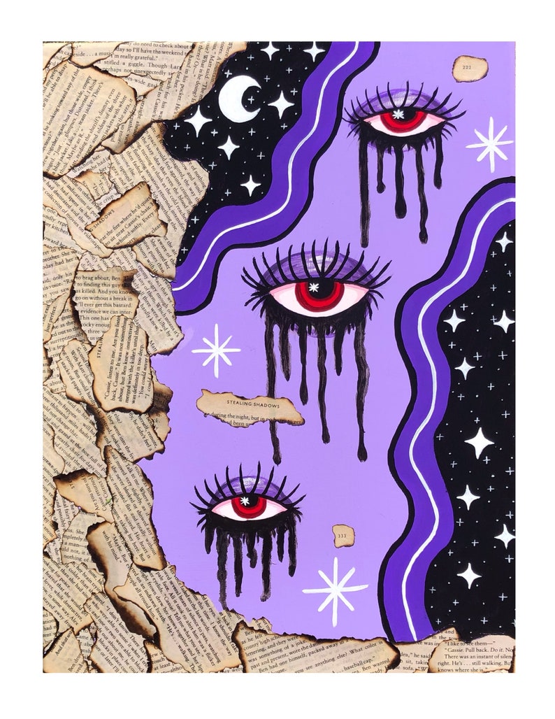 May include: Purple and black abstract painting with three large eyes with red pupils and black eyelashes. The eyes are crying black tears. The background is a purple and black wavy pattern with white stars. The text "STEALING SHADOWS" is written in white on a piece of paper.