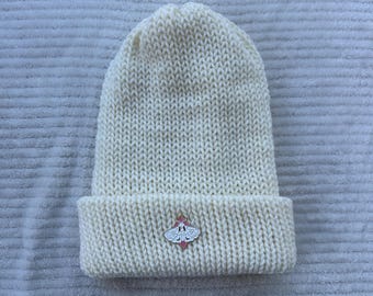White Moth Beanie, White Beanie, Moth Beanie, Moth enamel pin