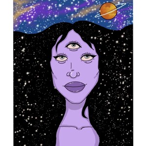 May include: A digital illustration of a woman with three eyes and purple skin against a starry night sky background. The woman has long black hair and a soft, dreamy expression.