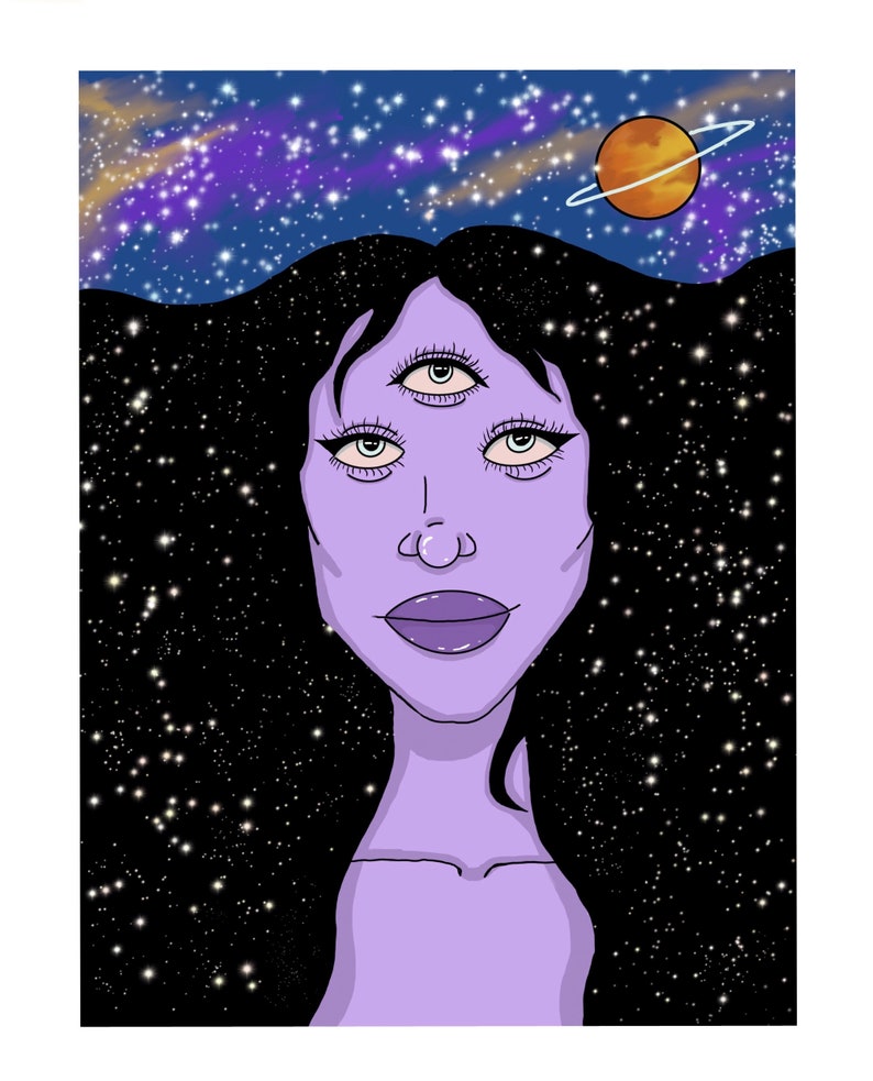 May include: A digital illustration of a woman with three eyes and purple skin against a starry night sky background. The woman has long black hair and a soft, dreamy expression.