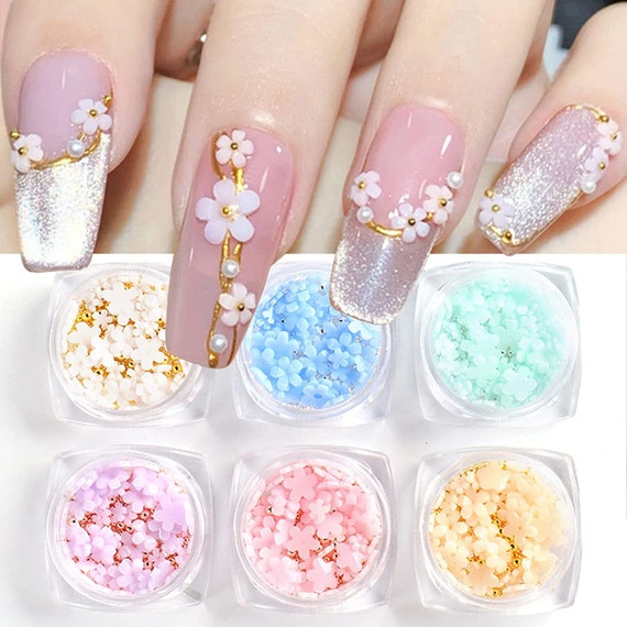 6 Boxes 3D Flower Nail Art Charms Light Change Nail Decals for