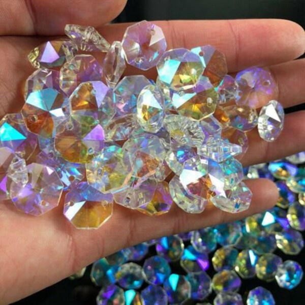 50/100 pcs Octagonal Beads colorful Glass Crystal Beads 14mm 2 Hole Chandelier Lamp Light Prisms Parts Suncatcher Beads Pendant DIY