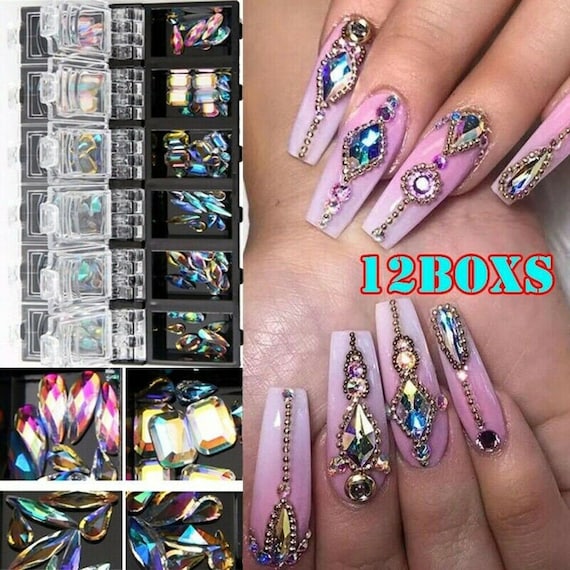 1 Box Glitter Nail Rhinestones Mixed Sizes AB Color Nail Beads 3D