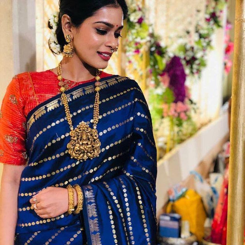 royal blue color saree fornice color combination weeding wear saree with red color blouse Piece saree..