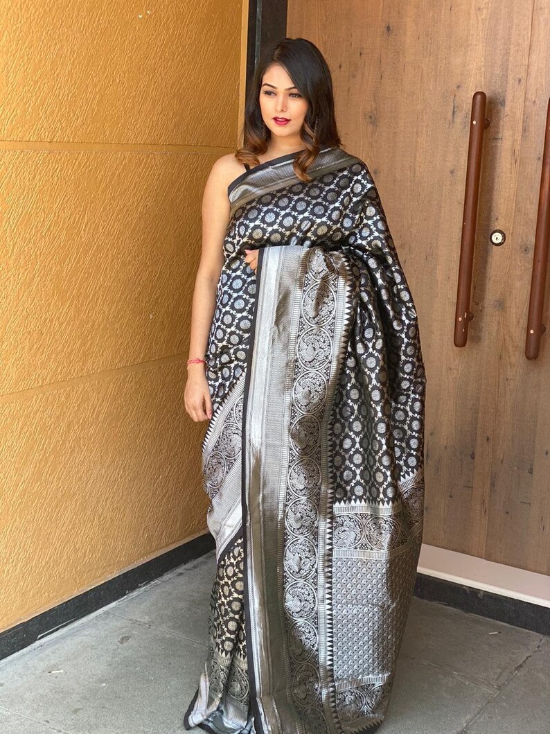 black color traditional banarasi saree for party wear styles sari with blouse Piece saree..