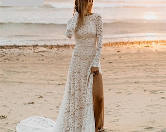 New Custom Beach Bride Dresses, Lace Boho Wedding Dress, Women Long Sleeve Side Slit Backless Dress, Bridal Gowns Vestido De Noiva