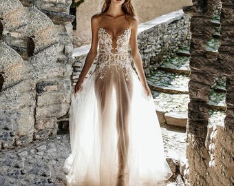 Sexy See Through Wedding Dress, Scoop Neck Sleeveless Backless Bridal Gown, Sweep Train Floor Length Gown, Vestido De Novia