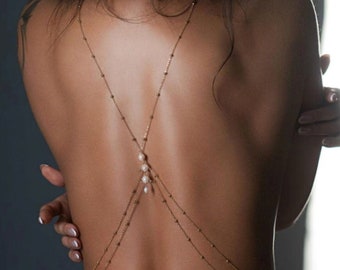 Body Jewelry with Pearl, Body Chain,Layered Body Chain Bralette,Bikini Body Jewelry,Back Chain,Gold Back Chain,Gold Back Chain with Pearl